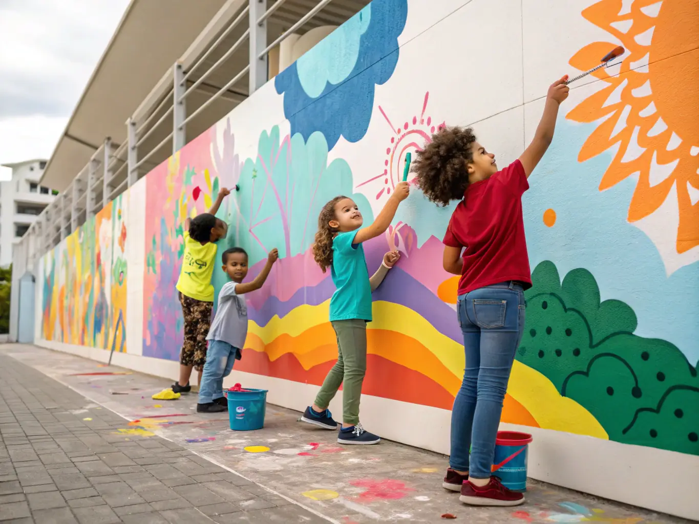 A dynamic image of community members of all ages participating in a local art project, emphasizing GANKAYATY CARAIBES 1.4's commitment to inclusivity and community involvement.