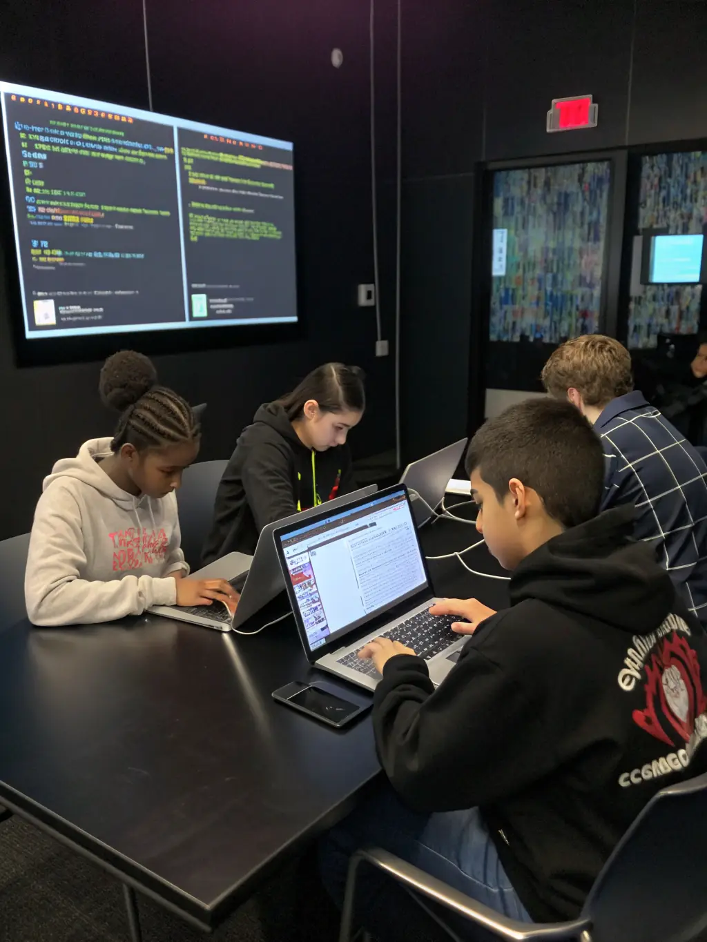 A group of young participants engaged in a hands-on coding workshop, learning programming skills and creating their own digital projects under the guidance of instructors from GANKAYATY CARAIBES 1.4.