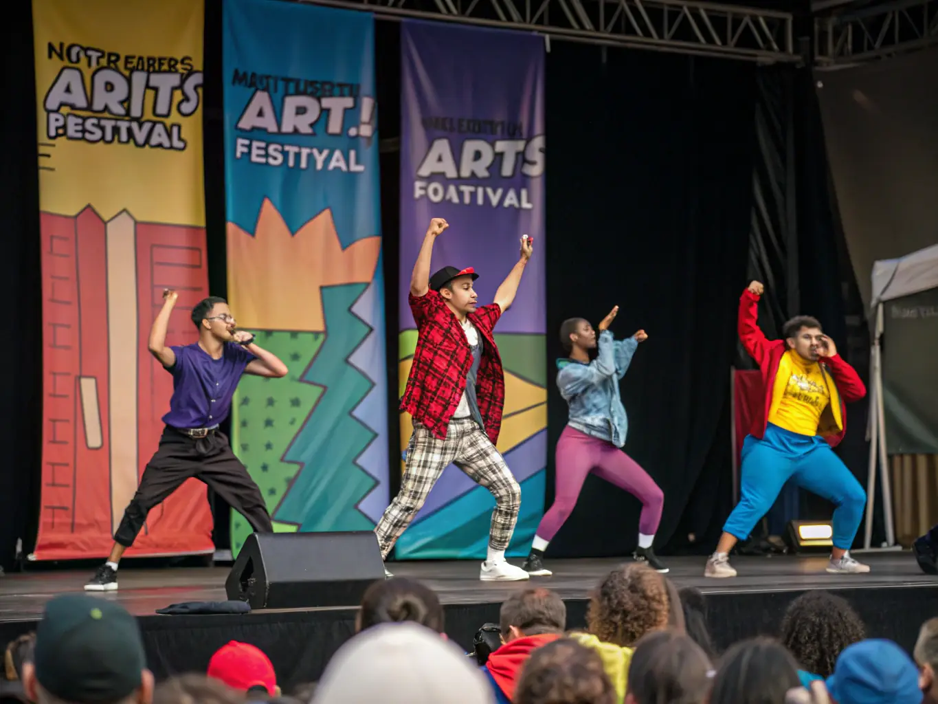A vibrant image of a lively outdoor cultural festival with performers, audience, and colorful decorations, showcasing the energy and community spirit of GANKAYATY CARAIBES 1.4's cultural events.